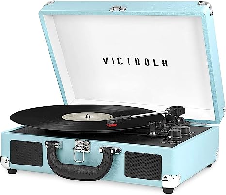 light blue Victrola Bluetooth record player