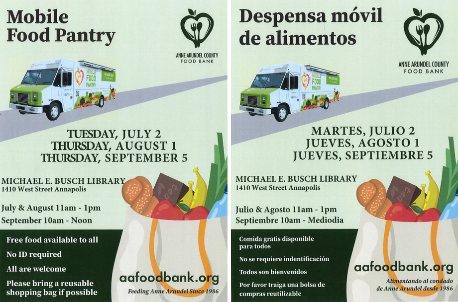 An image advertising the Mobile Food Pantry, which is visiting the Busch Annapolis Library.