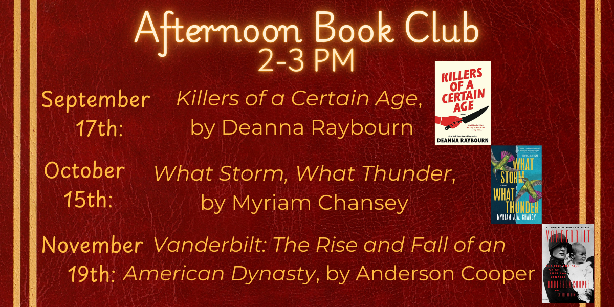 A banner promoting the Busch Annapolis Library's Afternoon Book Club, 2-3 PM