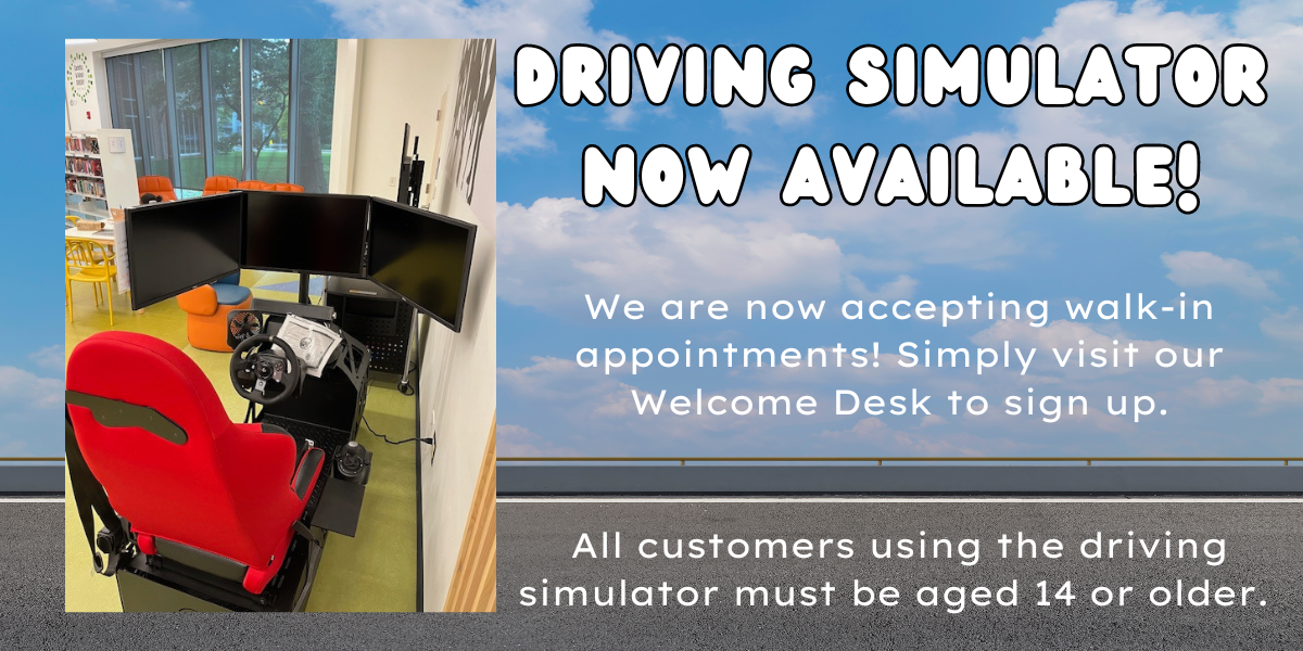 An image of a virtual driving simulator to the left, and text promoting the driving simulator at the Michael E. Busch library to the left. 