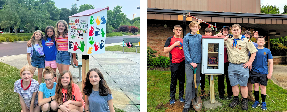 Photo 1: A group of smiling girls posing next to a Little Free Pantry. Photo 2: A Boy Scout Troop standing next to a Little Free Pantry.