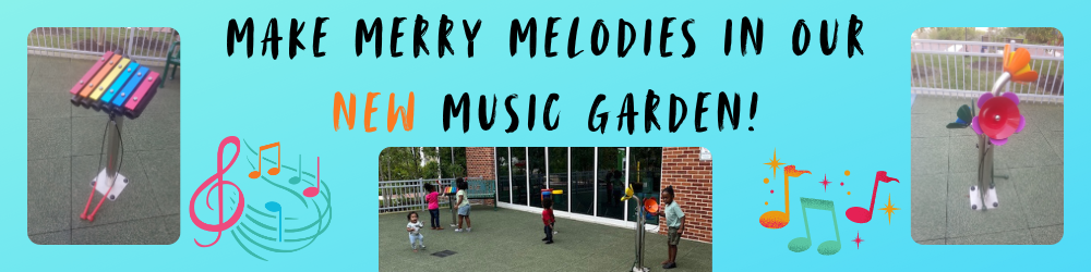 Pictures depicting children playing with the Music Garden instruments at the Michael E. Busch Annapolis Library. It is promoting use of the new music garden.