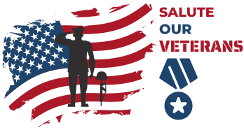 "Salute Our Veterans." An icon representing an military medal and the silhouette of a military officer saluting in front of the American flag.