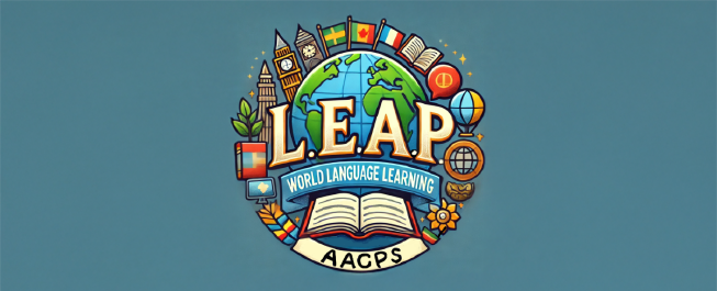 Colorful logo featuring the word "LEAP" and the phrase "World Language Learning" with an open book at the center. Surrounding imagery includes cultural symbols like flags, globes, and landmarks. The acronym "AACPS" is displayed prominently at the bottom. The background is a solid light blue.