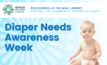 Diaper needs awareness week, blue and white background with smiling baby