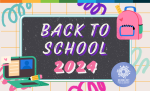 Text: Back to school 2024. Image: A black chalky rectangle sits on top of an orange grid paper background. An illustrated laptop and backpack decorate the corners of the black chalky rectangle. 