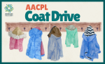 "AACPL Coat Drive." Coats hanging on coat hooks.