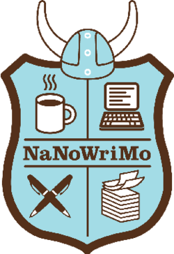 Shield with word "NaNoWriMo" and four quadrants: coffee, computer, pens, and paper
