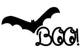 Cursive text of the word "boo!" with a black bat in the upper left corner.