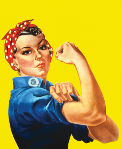 Rosie the Riveter in front of yellow background 