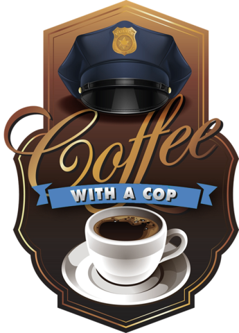 Police officer's hat over a cup of coffee with the words "Coffe With a Cop"