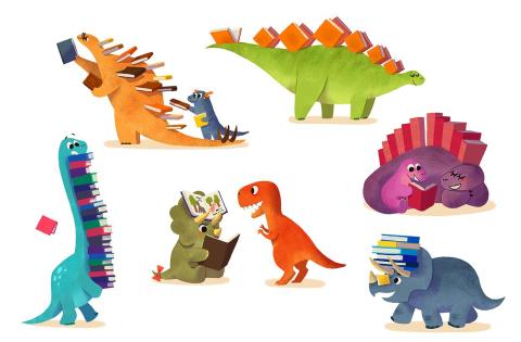 Dinosaurs with books