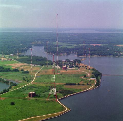 aerial view of greenbury point and radio towers