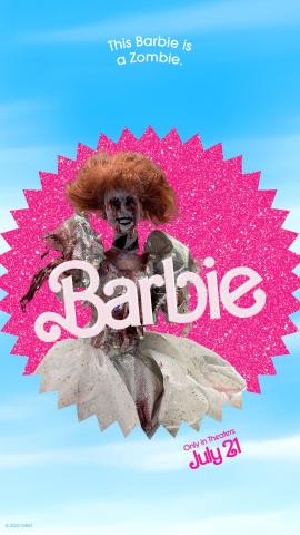 Zombified doll on Pink background with Barbie Logo. Text: this Barbie is a zombie.