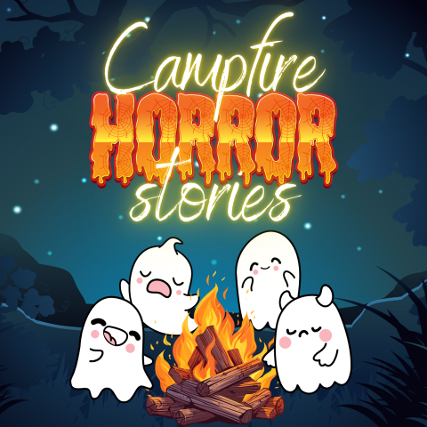 Four cartoon ghosts surround a campfire below the words "Campfire Horror Stories"