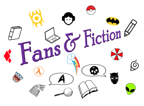 Various fandom symbols and icons surround the words "Fans & Fiction"