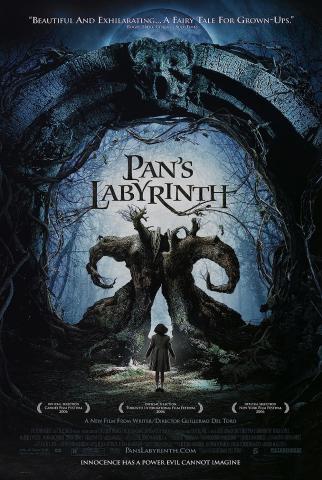 Poster for Pan's Labyrinth. A girl stands under an ancient stone arch with the image of a carved face with it's mouth open. She is walking towards a gap underneath a tree that forms a doorway. The tree has grown in a way that resembles two horns like the greek god Pan who resembles a half man half goat.. 