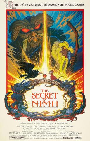 Poster for The Secret of NIMH. A crow and a mouse wearing a red cloak look at a red orb on different sides of it. They stand on top of wooden roots framing the title of the film that also has several characters from the film in the same dark color of the roots. Behind them all is a blast of yellow and white light forming a starburst of jagged edges. Towering behind them is an old rat in a black cloak with a long white beard, staff, and yellow eyes. Behind him is a giant owl with red eyes.