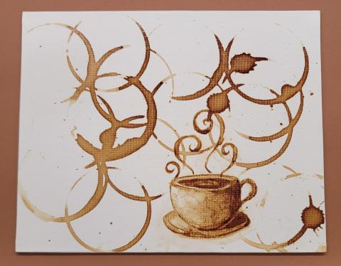 Painting of a coffee cup and coffee rings painted with coffee.
