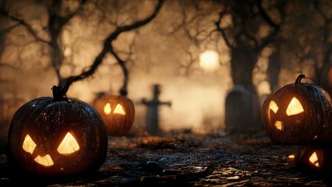 Jack-o-Lanterns on the ground in front of trees and gravestones. 