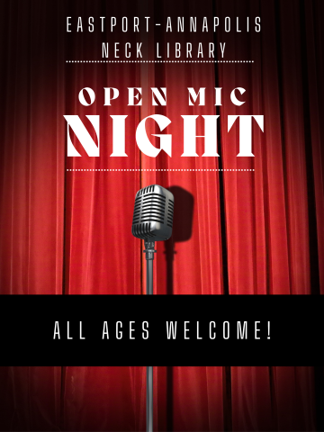 A sign of a microphone in front of a red curtain with text that reads "Open Mic Night"