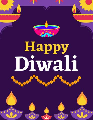 Purple flyer stating "Happy Diwali" with diya lamps all around.