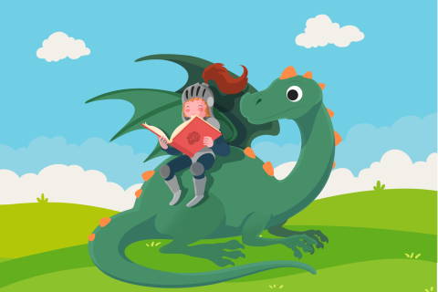 Knight reading a book while sitting on a dragon. The dragon is reading over the knight's shoulder. They are sitting in a sunny green glen