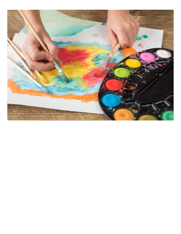 a hand holding a paint brush is painting an abstract image using the watercolors next to the paper