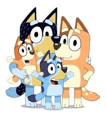 The image shows the characters from the show "Bluey" posed to take a picture. The characters include Dad, Mum, Bluey, and Bingo. 