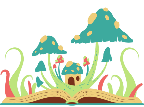 a book is open flat, and blue mushrooms with yellow spots and green and pink vines appear to grow from the book pages