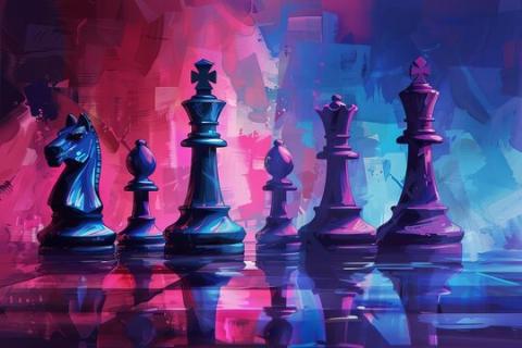 Chess pieces with a blue and pink background.