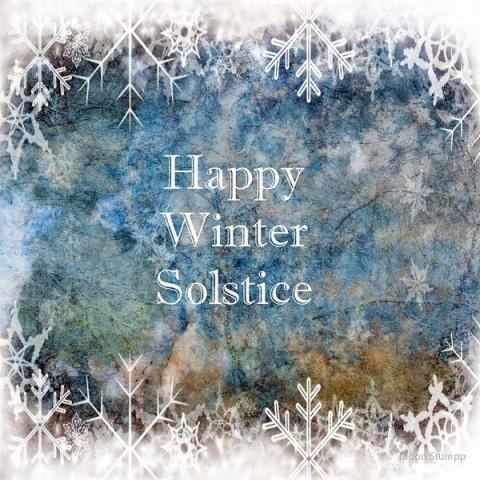 Snowy scene with text that says Happy Winter Solstice