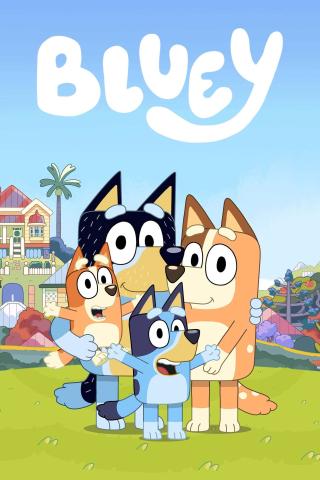 Poster of Bluey (dog character from Australian cartoon) and her family.