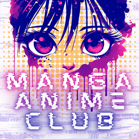 A purple and pink washed out and minimized face of an anime girl, consisting of only hair, eyes, and the hint of a nose occupy the top half of the image. The bottom half contains the words "Manga Anime Club" listed atop one another and distorted slightly. All of this atop a backdrop of a circular orange gradient made of pixels.