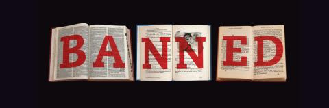 The word "BANNED" spelled large on open books