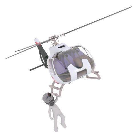 simple figure hanging onto rung of toy helicopter