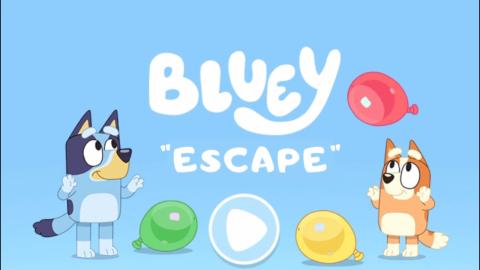 Bluey and sister, Bingo, playing with balloons. The words "Bluey" and "Escape" are written in bubble letters in the middle. There is also a "Play" game symbol underneath the words.