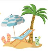 a tiny island of sand with a palm tree, chair, umbrella, and sandals