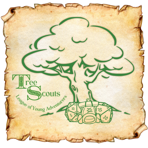 Line art image of a tree with a field backpack nestled between two large polyhedral dice at the base of its trunk. To the left of the tree are the words "League of Young Adventurers" curved up around the base of the words "Tree Scouts."