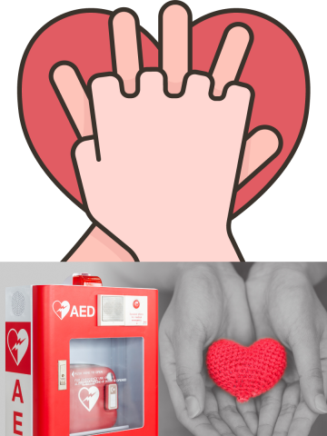 illustration hand over heart, AED Machine, hand hold a heart