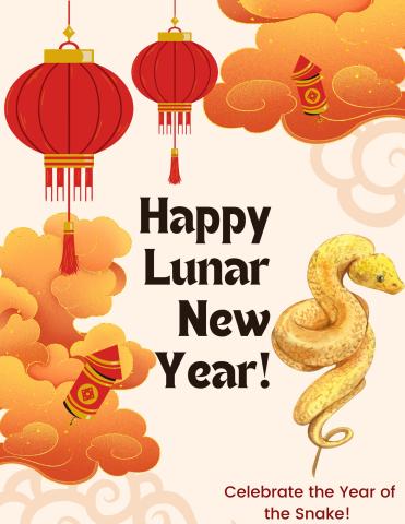 Happy Lunar New Year with lanterns and a snake.