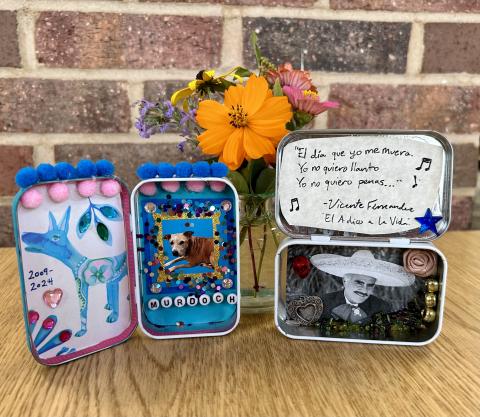 Two nicho boxes using various mixed media materials  - photos, song lyrics on paper, glitter, beads, flowers, pom poms, colored paper