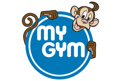 My Gym Logo- Blue Circle held by a chimpanze with text that reads My Gym