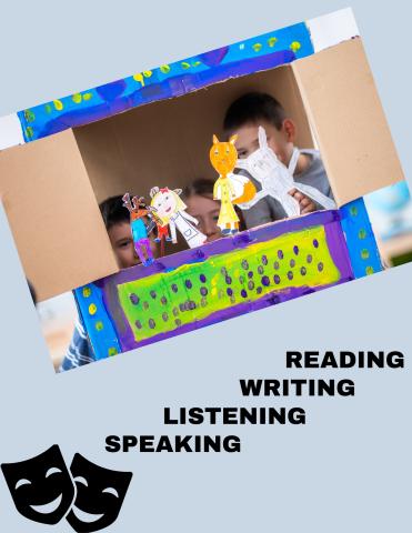 Kids playing with puppets inside a box made to look like a stage with the words "reading", "writing", "listening", and "speaking" in bold black letters. Sad and happy theater masks in black.