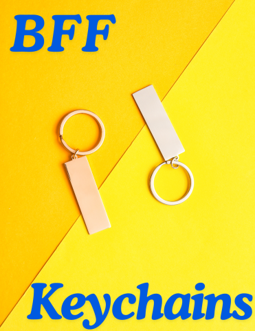 An image saying "BFF Keychains", depicting two keychains on a yellow paper. 