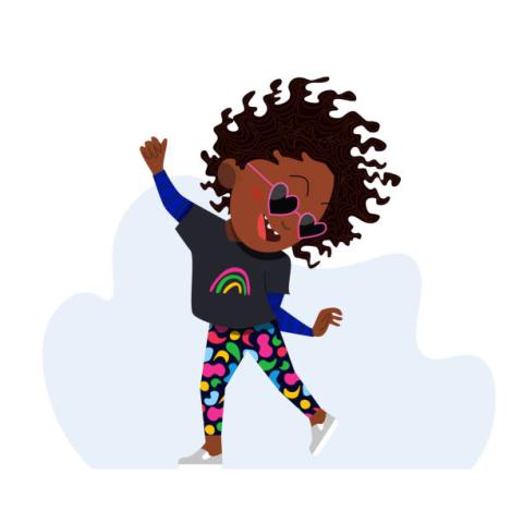 The image shows a little African American girl having fun and dancing.