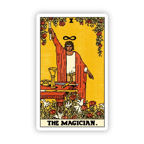 An image of The Magician tarot card. A person in a red cloak and white gown holding one arm up and one arm down. In front of them is a table with every element of the tarot - a pentacle, a cup, a wand, and a sword.