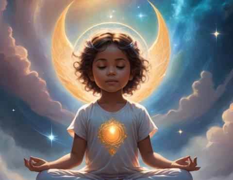 AI generated fantasy picture of a little girl sitting in a basic yoga pose in the sky.