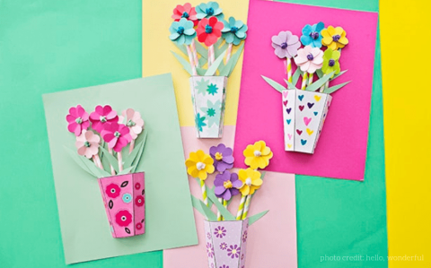 4 paper flower craft - 3D vase with colorful flowers inside.