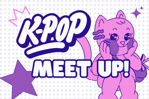 a shy pink kitten with blue and pink stars, graphic text reads K-Pop Meet Up!